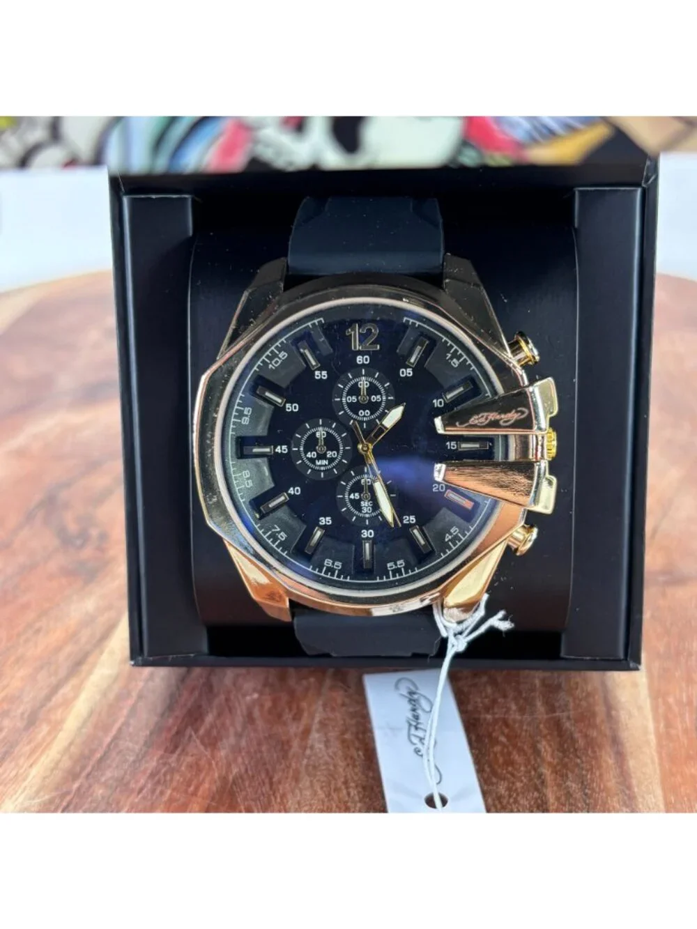 Ed Hardy Mens Gold-Tone Chronograph Watch w Black Silicone Strap & Box - NEW